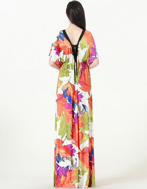 V-Neck Bat Sleeve Ice Silk Bohemian Long Skirt Dress for Summer