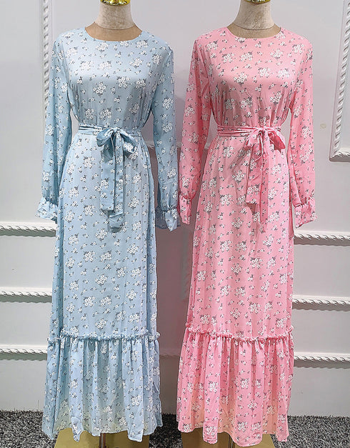 Little Flowers Abaya Kaftan Dress with Waist Tie for Women
