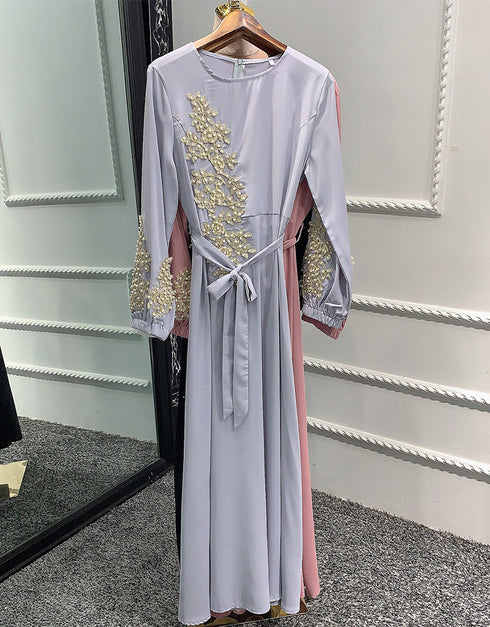 Embroidered Abaya Kaftan Dress with Waist Tie for Women