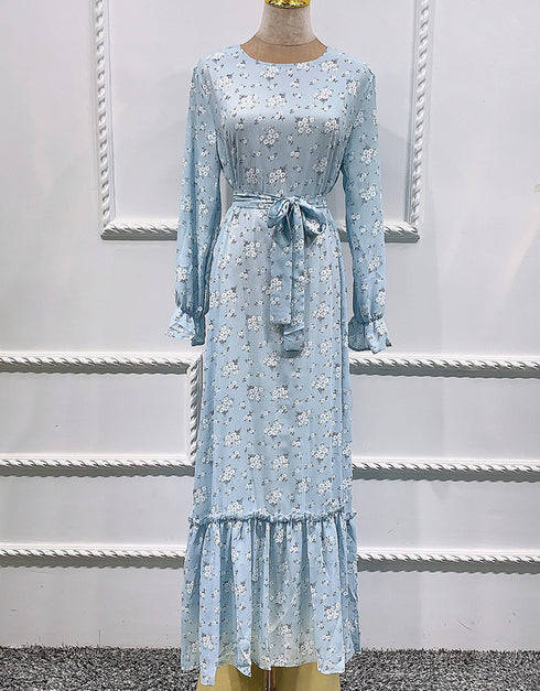 Little Flowers Abaya Kaftan Dress with Waist Tie for Women