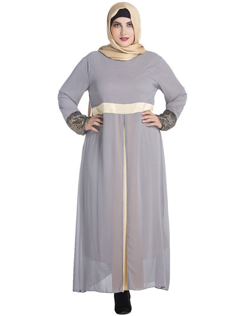 Stylish Muslim Abaya in Chiffon Satin with Subtle Stitching and Long Sleeves