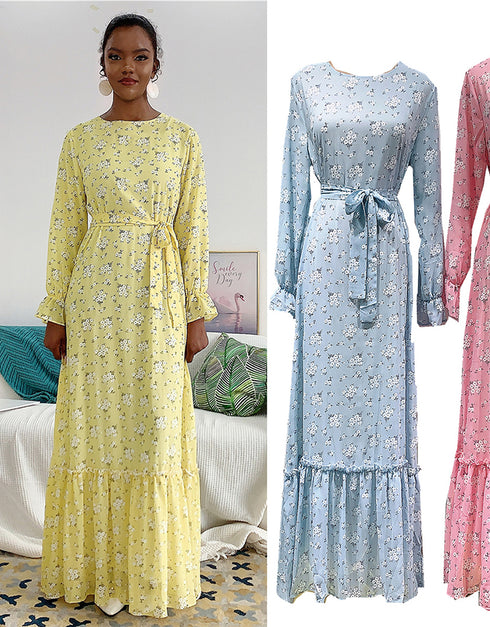 Little Flowers Abaya Kaftan Dress with Waist Tie for Women
