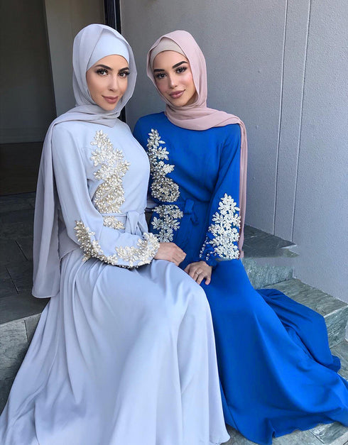 Embroidered Abaya Kaftan Dress with Waist Tie for Women