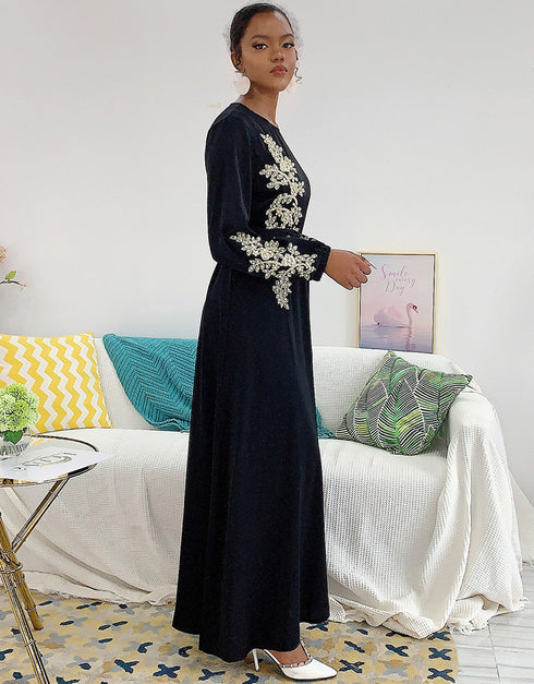 Embroidered Abaya Kaftan Dress with Waist Tie for Women
