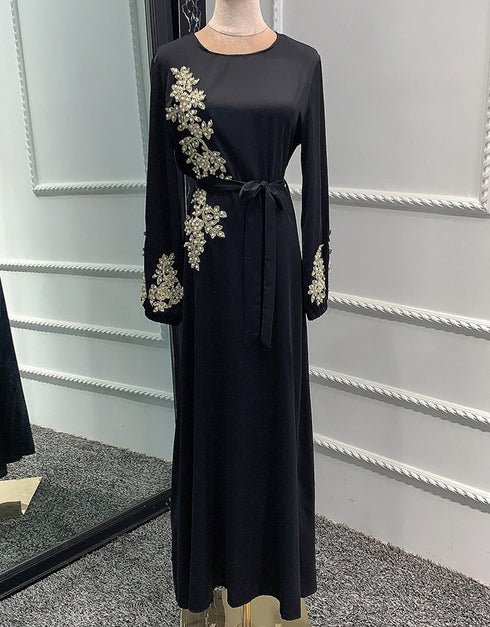 Embroidered Abaya Kaftan Dress with Waist Tie for Women