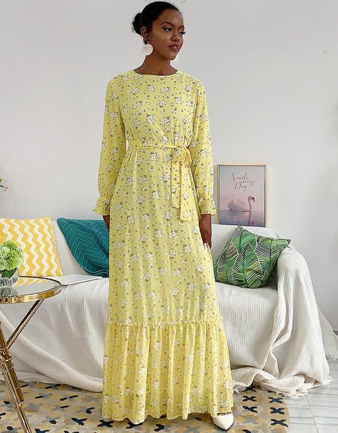 Little Flowers Abaya Kaftan Dress with Waist Tie for Women