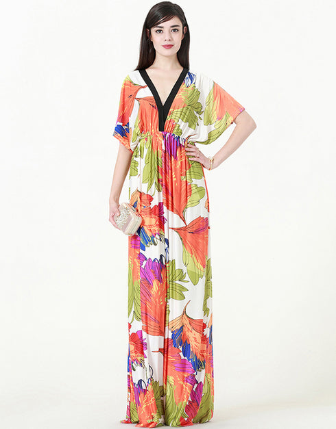 V-Neck Bat Sleeve Ice Silk Bohemian Long Skirt Dress for Summer