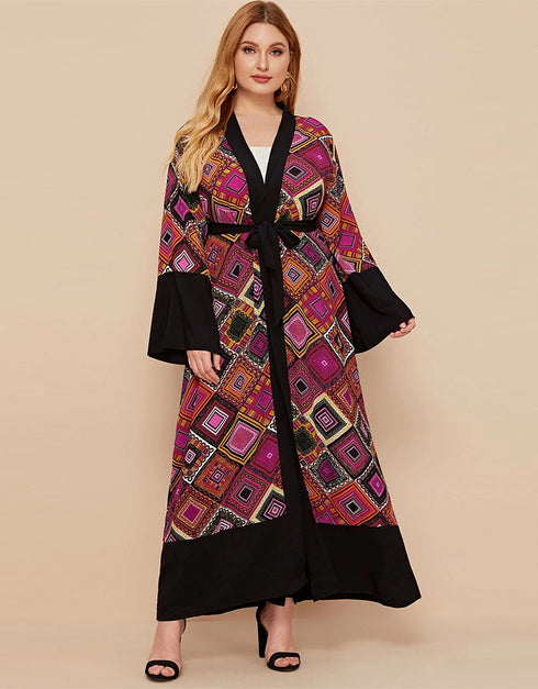 Modest Dress with Printed Retro Contrast Cardigan
