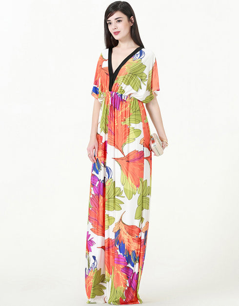 V-Neck Bat Sleeve Ice Silk Bohemian Long Skirt Dress for Summer