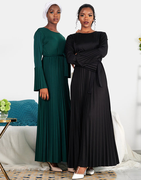 V-neck Hijab Caftan Dress with Flared Sleeves and Belt for Women