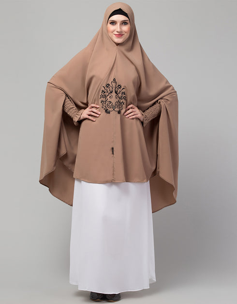 Designer Front Embroidery stretchable smoking at wrist knee length Jilbab cum prayer khimar Hijab