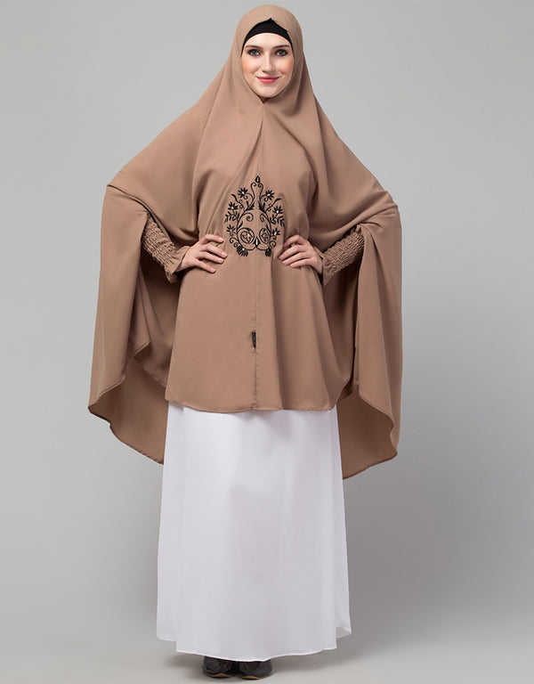 Designer Front Embroidery stretchable smoking at wrist knee length Jilbab cum prayer khimar Hijab