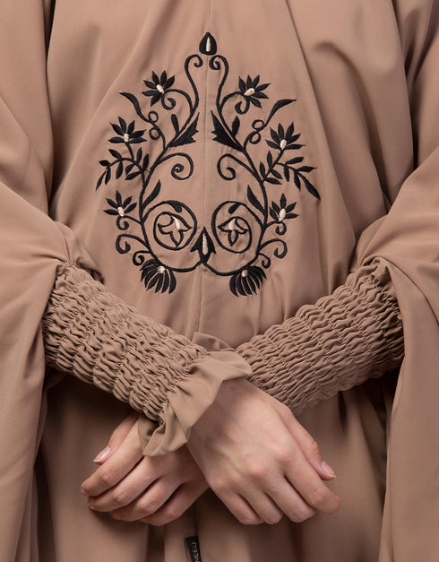 Designer Front Embroidery stretchable smoking at wrist knee length Jilbab cum prayer khimar Hijab