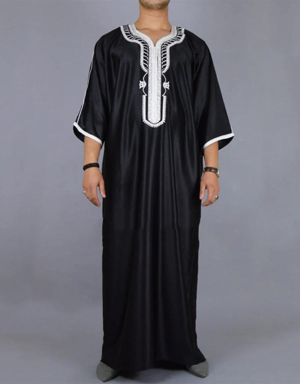 Distinctive Dubai Style: Elevate Your Look with Men's Muslim Jubba Thobe, featuring Patchwork Detailing and a Soft V-Neck Long Sleeve Design.