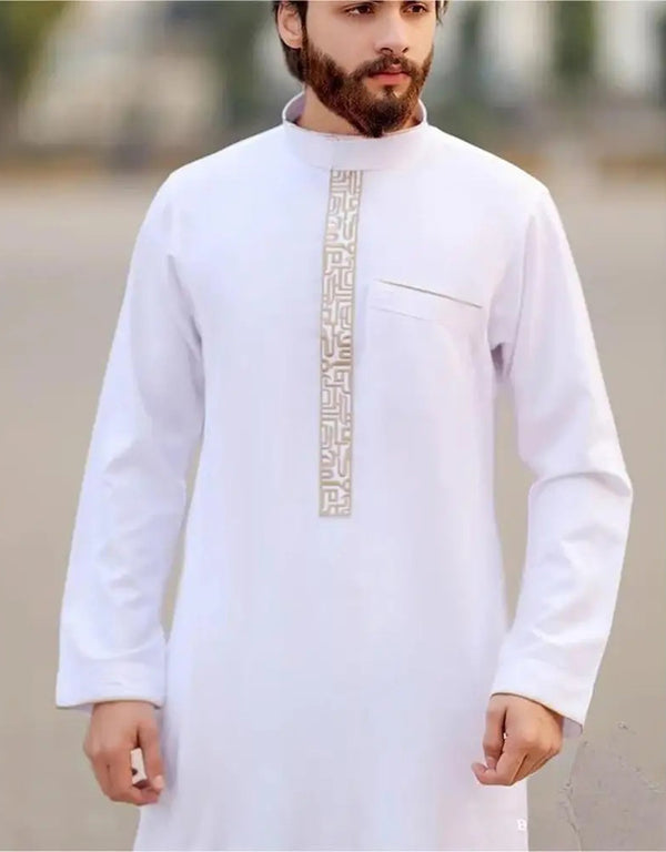 Timeless White Elegance: Explore the Essence of Muslim Men's Style in Long Printed Abaya Dresses
