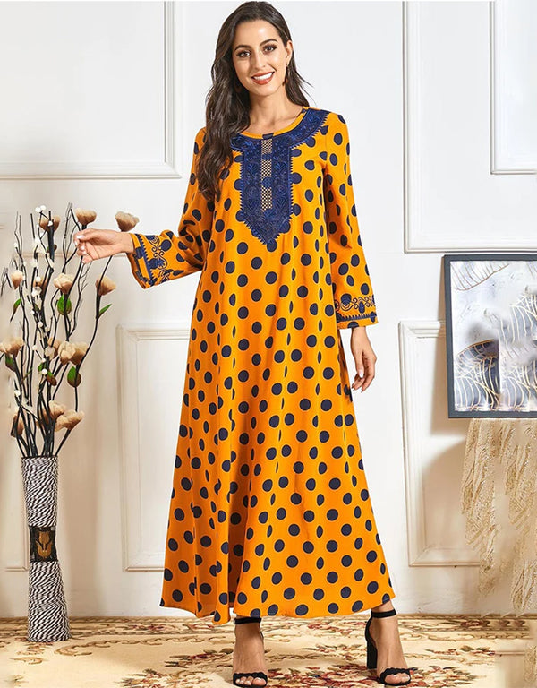 Whispers of Sun on Saffron: An Ethnically Embroidered Abaya for Casual Comfort