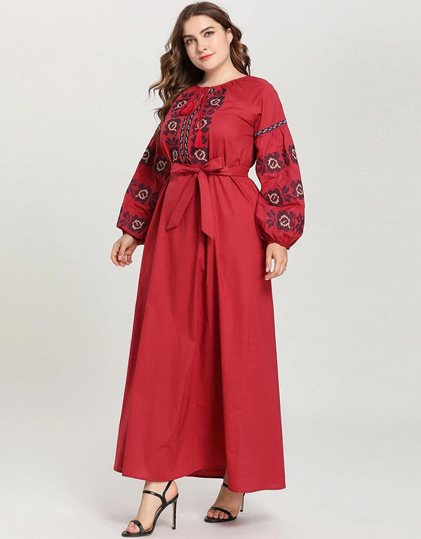 Crimson Embrace An Arabesque Abaya with Embroidered Grace