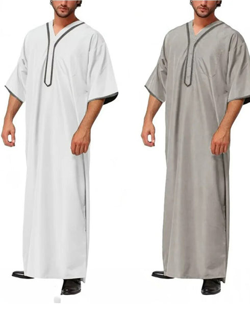 Men's Solid Button Thobe with Middle Shirt and Stand Collar