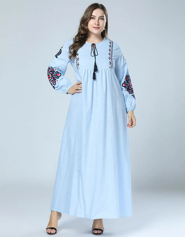 Elegant Embroidered Abaya with Lantern Sleeves and Large Swing Skirt
