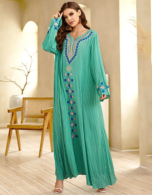 Flowing Green Abaya with Ethnic Embroidery and Round Neck