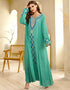 Flowing Green Abaya with Ethnic Embroidery and Round Neck