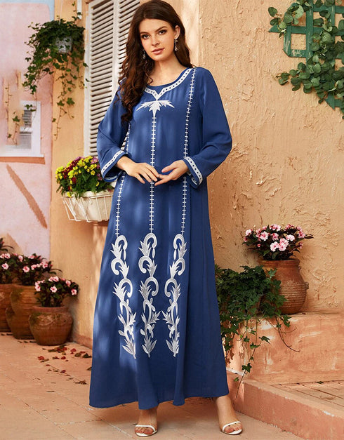Modest Light Blue Abaya with Round Neck, Long Sleeves, and Embroidery