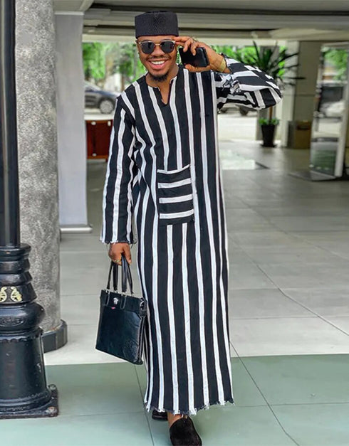 Long Sleeve Striped Men's Jubba Thobe Kaftan