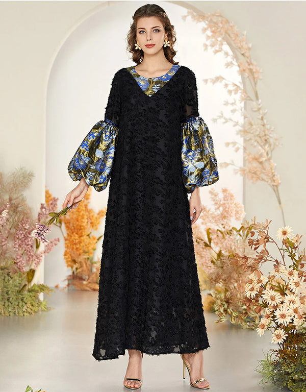 Elegant Black Lace with Contrasting Color Stitching and Lantern Sleeves