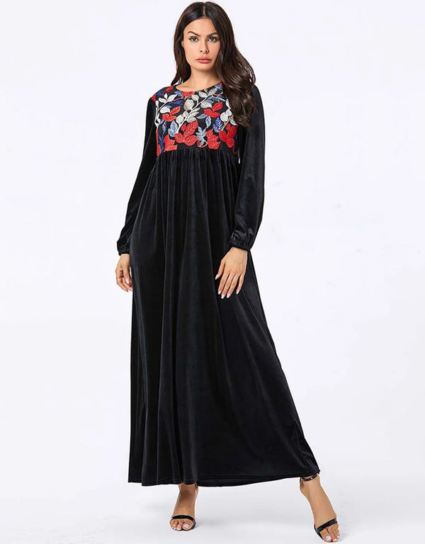 Midnight Bloom: A Cascading Black Abaya Embroidered with Golden Foliage