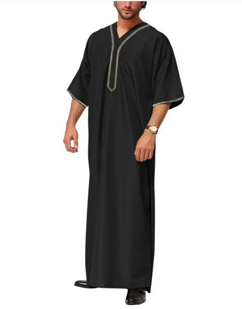 Men's Solid Button Thobe with Middle Shirt and Stand Collar