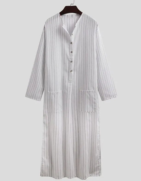 Stylish Muslim Men's V-Neck, Casual Stripes, and Comfortable Pockets