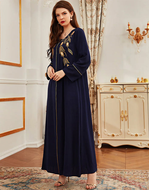 Flowy Retro Blue Embroidered Maxi Dress