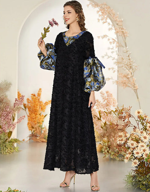 Elegant Black Lace with Contrasting Color Stitching and Lantern Sleeves