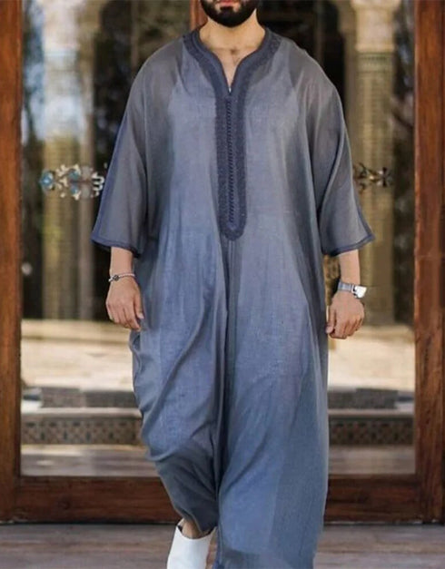 New Men Muslim Jubba Thobe Patchwork Striped V Neck Long Sleeve