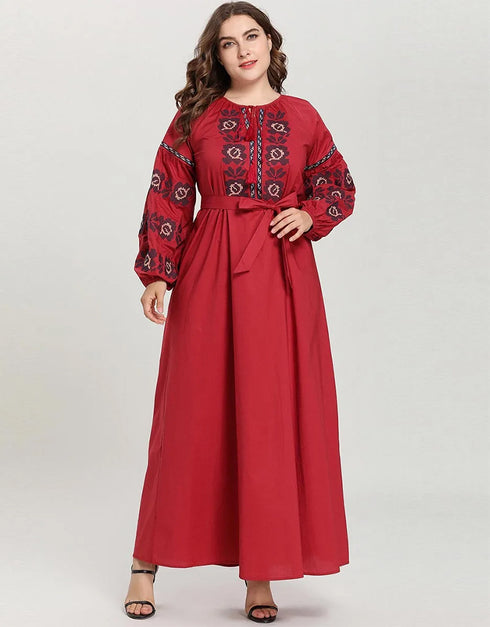 Crimson Embrace An Arabesque Abaya with Embroidered Grace