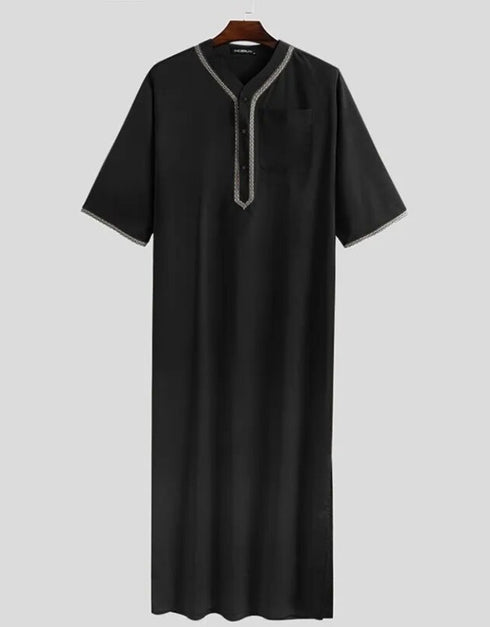 Men's Solid Button Thobe with Middle Shirt and Stand Collar