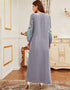 Elegant Gray Abaya Dress: Tassel Embroidered Round Neck with Slim-Fit Lace-Up Long Skirt