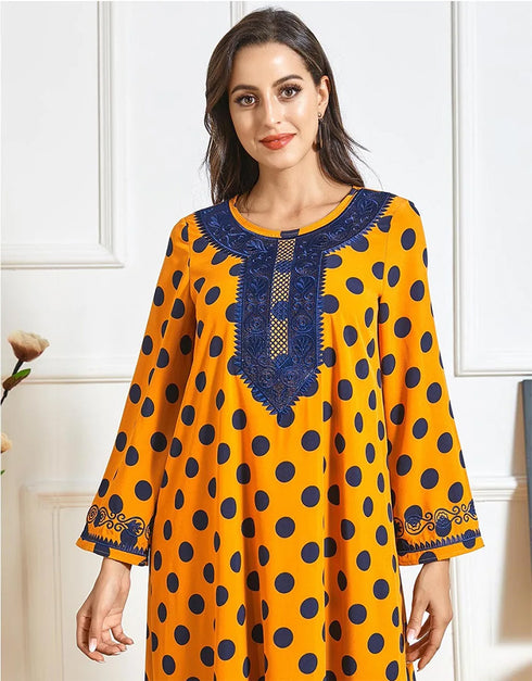 Whispers of Sun on Saffron: An Ethnically Embroidered Abaya for Casual Comfort
