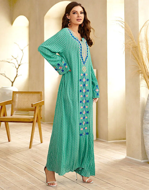 Flowing Green Abaya with Ethnic Embroidery and Round Neck