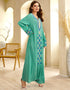 Flowing Green Abaya with Ethnic Embroidery and Round Neck