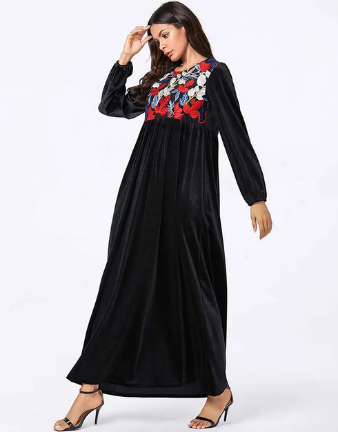 Midnight Bloom: A Cascading Black Abaya Embroidered with Golden Foliage