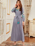Elegant Gray Abaya Dress: Tassel Embroidered Round Neck with Slim-Fit Lace-Up Long Skirt