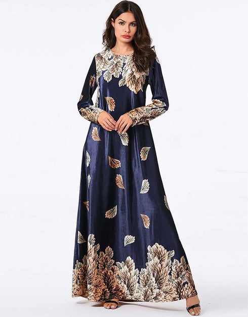 Sun-Kissed Velvet: A Casual Abaya Embraced by Golden Vines