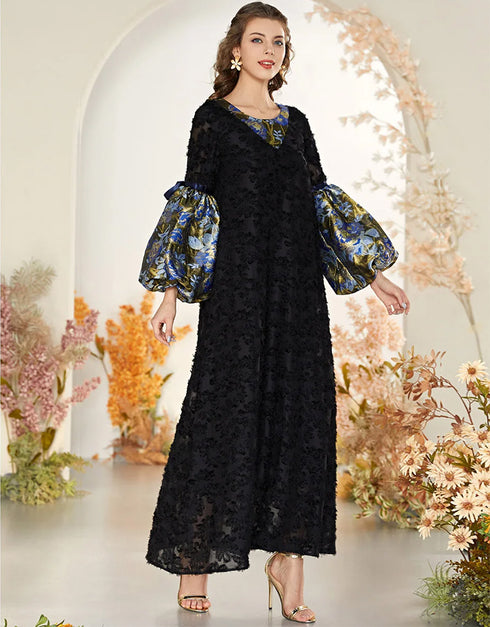 Elegant Black Lace with Contrasting Color Stitching and Lantern Sleeves