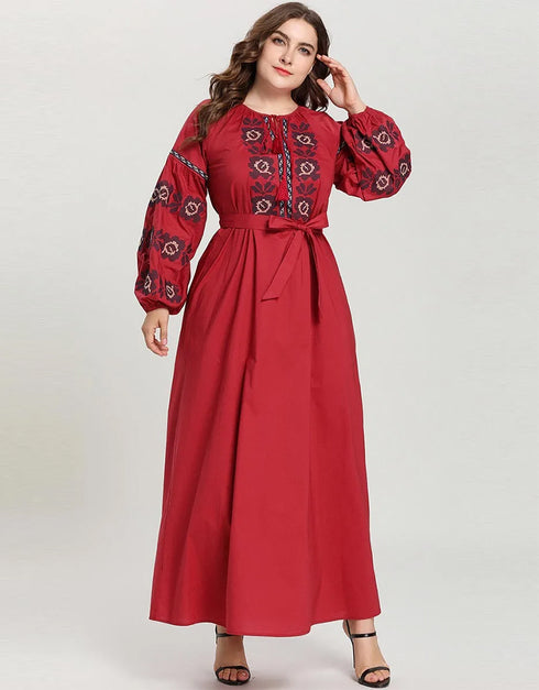 Crimson Embrace An Arabesque Abaya with Embroidered Grace
