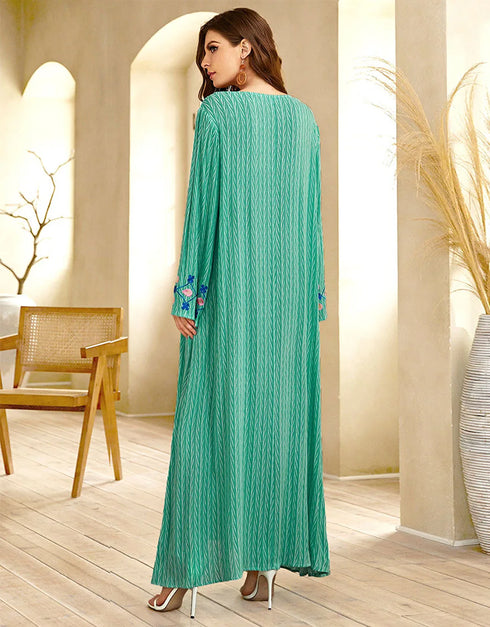 Flowing Green Abaya with Ethnic Embroidery and Round Neck