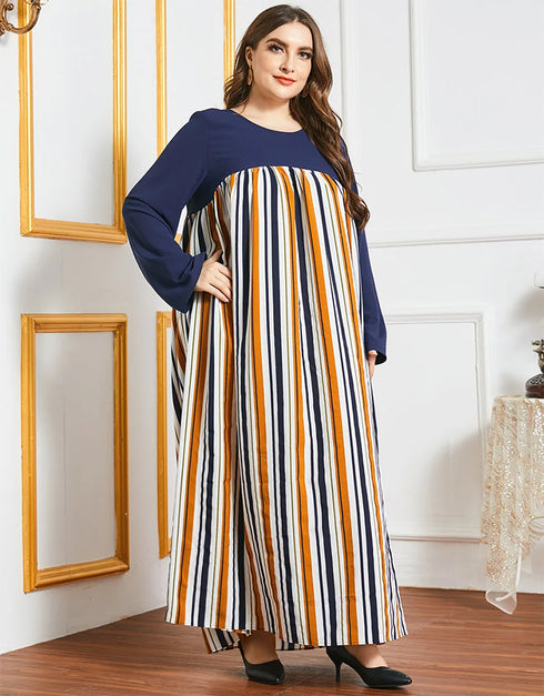 Modern Modesty: Round Neck Abaya with Playful Stripes