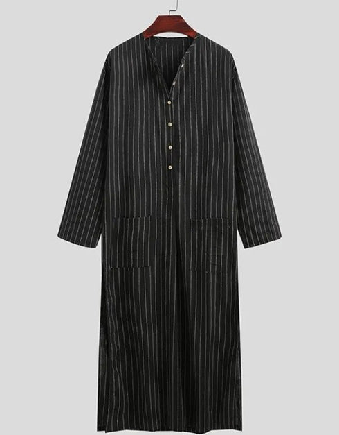 Stylish Muslim Men's V-Neck, Casual Stripes, and Comfortable Pockets