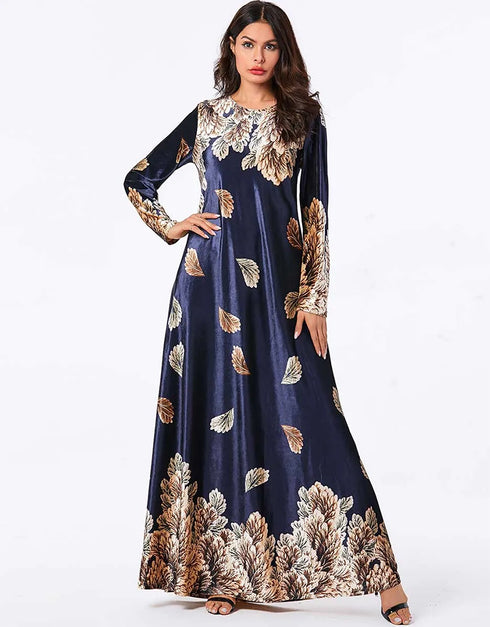 Sun-Kissed Velvet: A Casual Abaya Embraced by Golden Vines