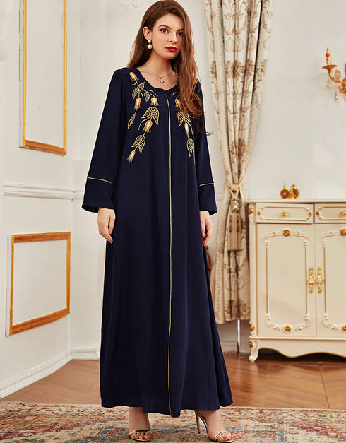 Flowy Retro Blue Embroidered Maxi Dress